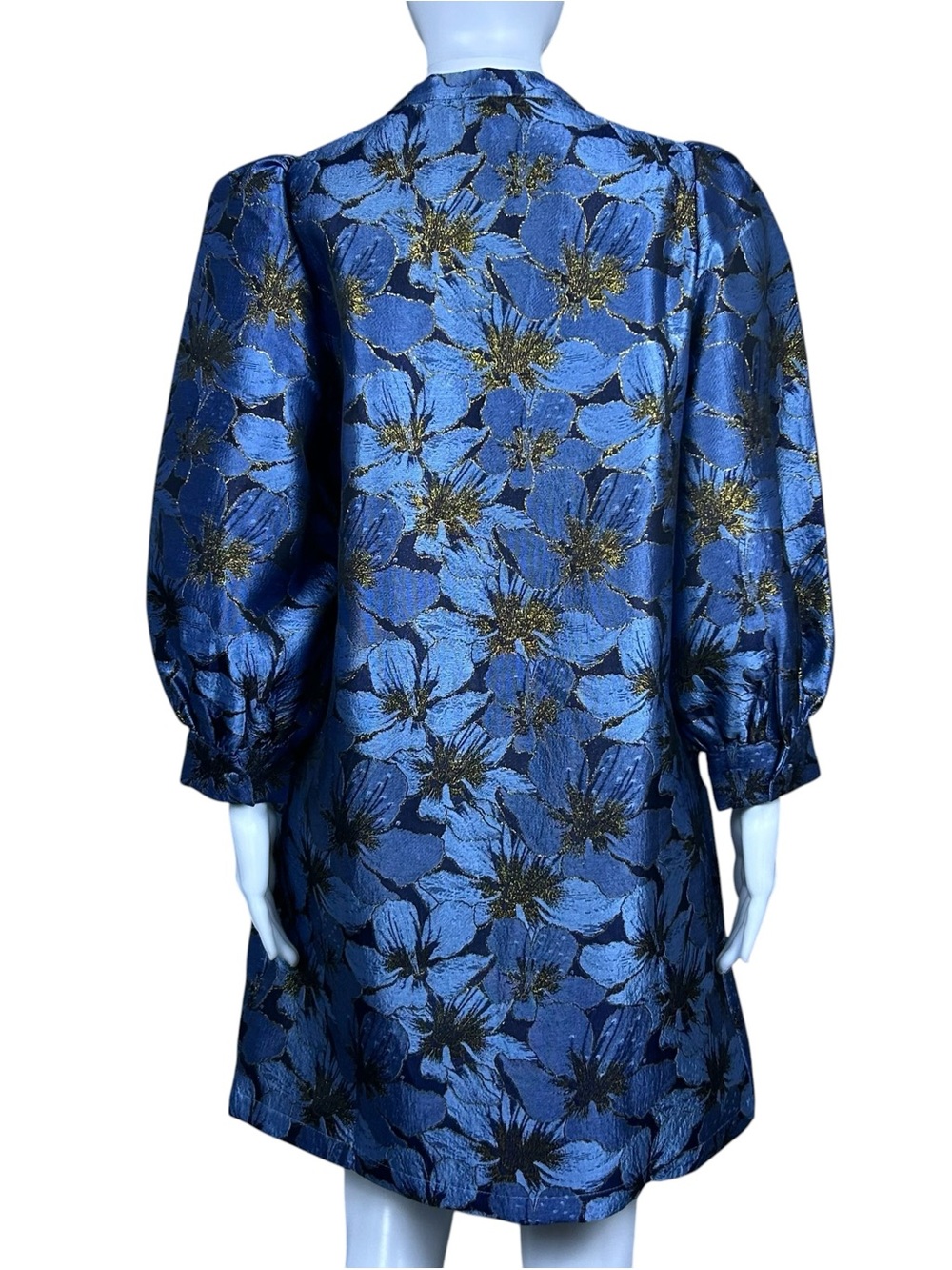 Pomander Place Tuckernuck Samantha Dress M Blue Gold Floral Jacquard Textured - Picture 12 of 16